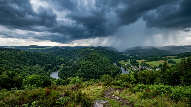 Une photo d'un paysage verdoyant dans les Ardennes sous un ciel d'ondées orageuses