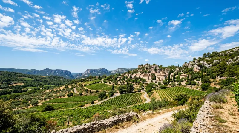 Une photo d'un paysage de l'Hérault baigné de soleil sous un grand ciel bleu d'été
