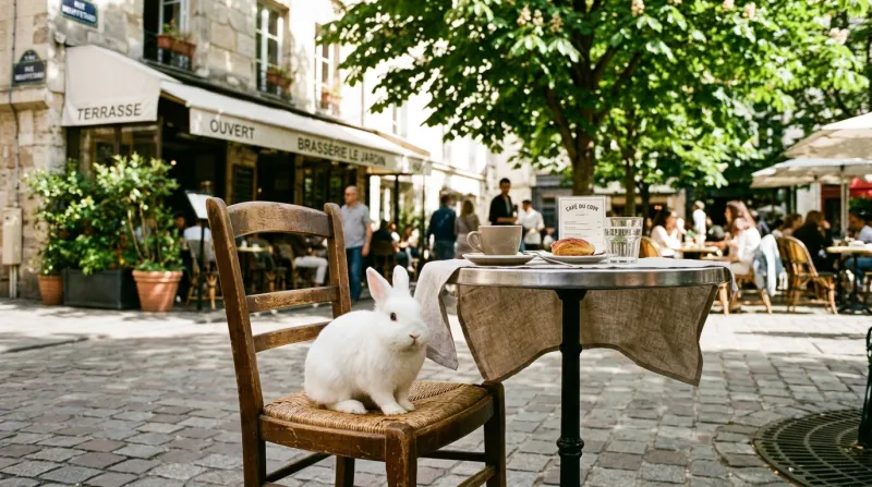 Un petit lapin blanc assis à une table de café en terrasse.
