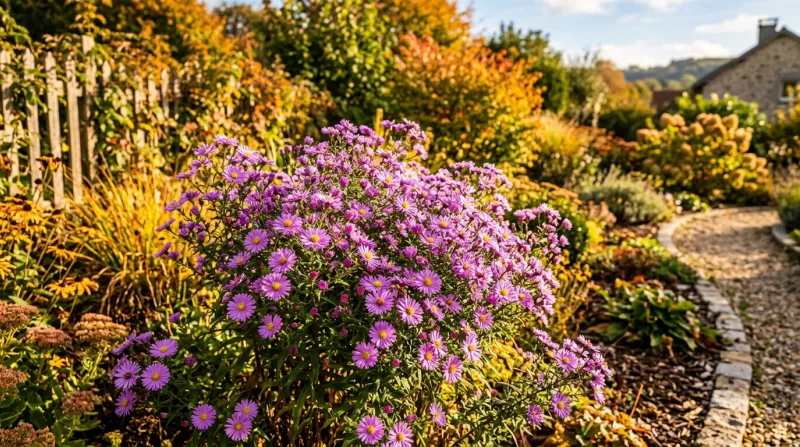Fleurs d'asters mauves éclatantes illuminées par le soleil d'automne.