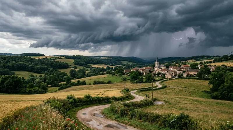 Une photo d'un paysage de campagne en Haute-Marne sous un ciel d'orage d'été
