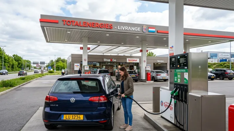 Voiture faisant le plein dans une station-service moderne au Luxembourg.