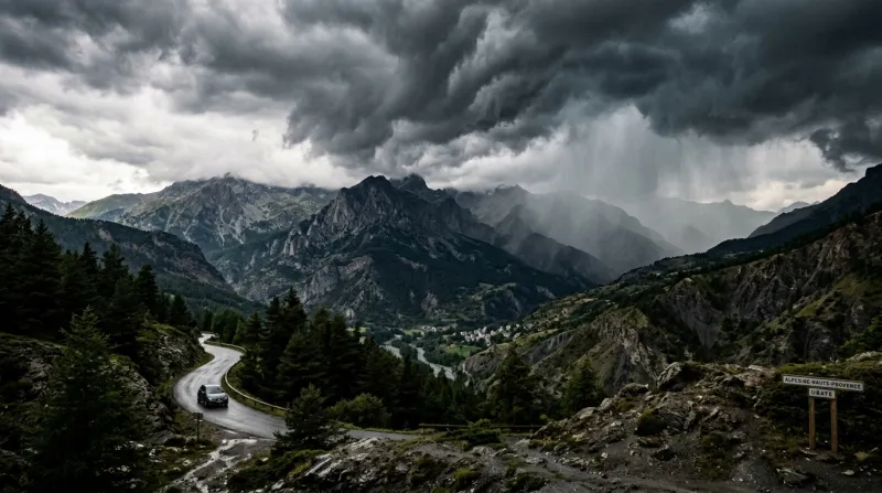 Une photo d'un paysage de montagne des Alpes-de-Haute-Provence sous un ciel d'orage