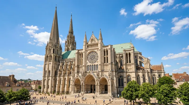 Cathédrale Notre-Dame de Chartres et ses flèches sous le soleil.