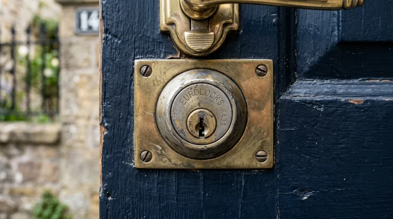 Une photo en gros plan d'un barillet de serrure sur une porte d'entrée