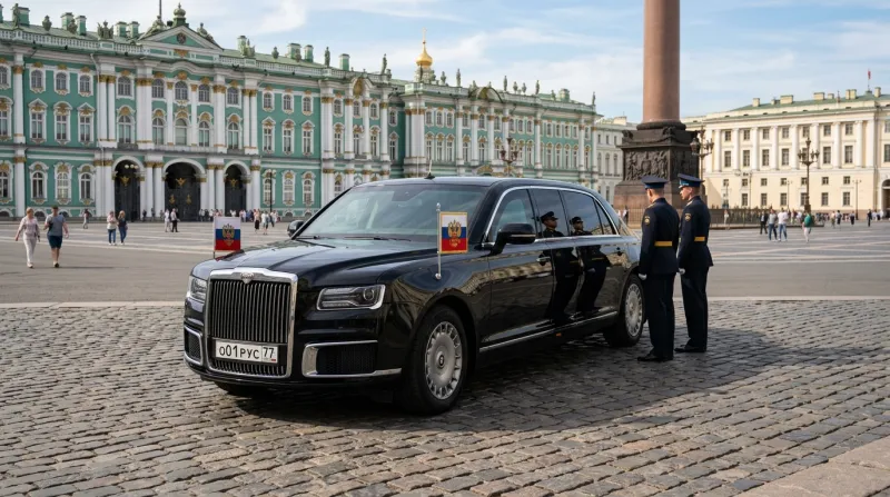 Limousine officielle noire Aurus Senat sur une place pavée.