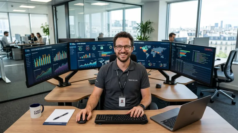 Une photo d'un expert en informatique souriant travaillant devant plusieurs écrans affichant des vis