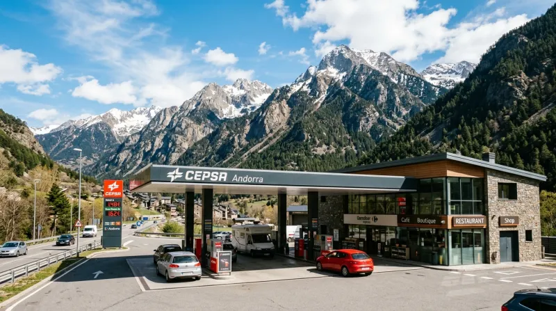 Station-service moderne dans les Pyrénées sous un ciel ensoleillé.