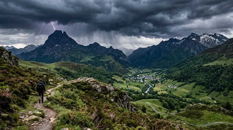 Une photo d'un paysage des Pyrénées-Atlantiques sous un ciel orageux