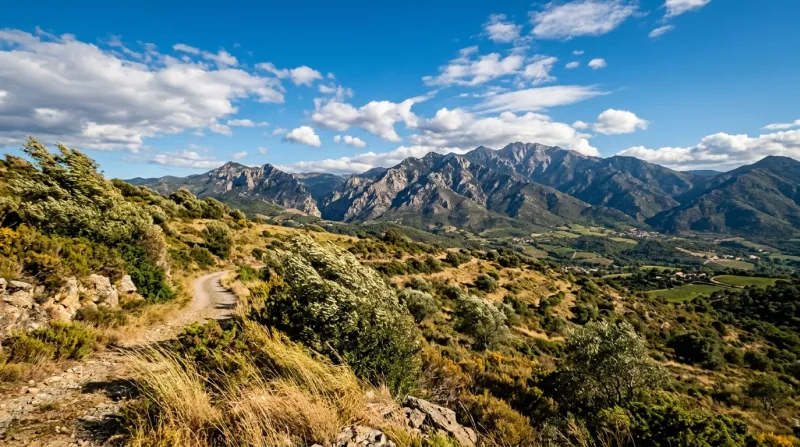 Paysage ensoleillé dans les Pyrénées-Orientales sous un ciel bleu.
