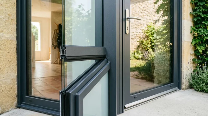 Une photo en gros plan de l'encadrement et du dormant d'une porte d'entrée contemporaine et lumineus