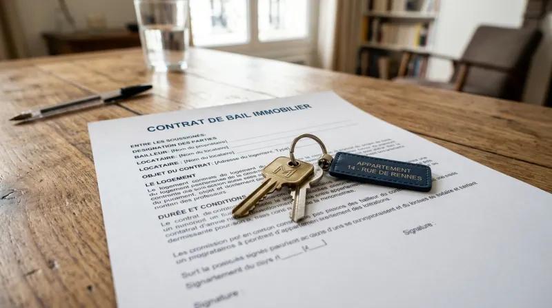 Contrat de bail immobilier et trousseau de clés sur une table en bois.