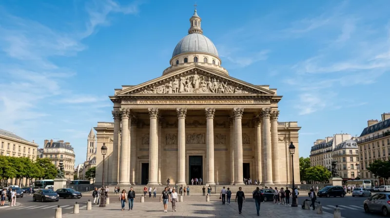 Façade néoclassique du Panthéon à Paris sous un ciel bleu.