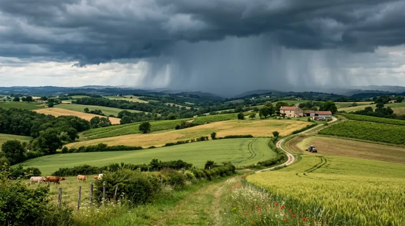Paysage agricole vallonné du Gers sous un ciel d'orage.