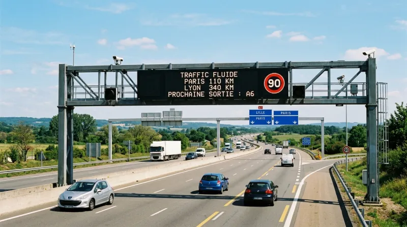 Portique lumineux sur une autoroute sous un ciel clair.