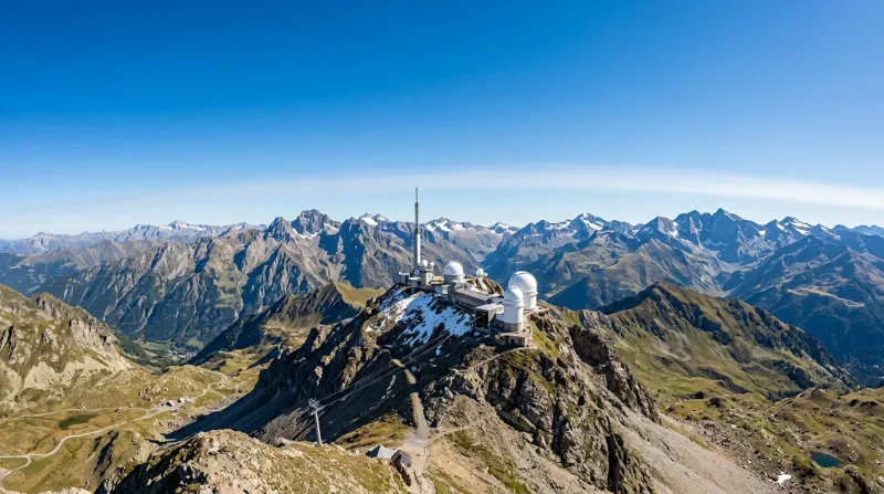 Observatoire du Pic du Midi sur les Pyrénées sous un ciel bleu.