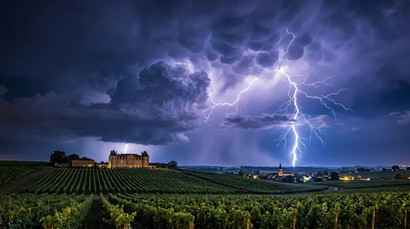 Une photo spectaculaire d'un ciel d'été illuminé par des éclairs au-dessus d'un paysage en Gironde