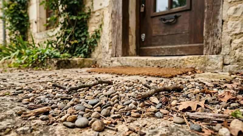 Une photo en gros plan de petits cailloux et de branchages posés sur le sol devant l'entrée d'une ma