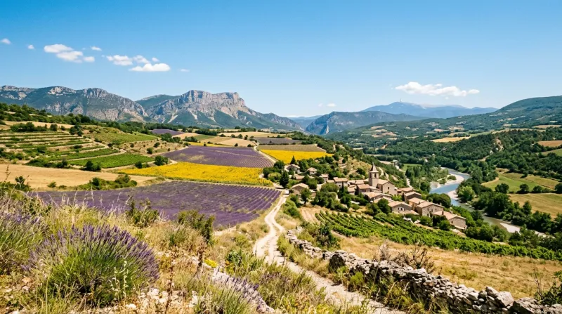 Une photo d'un paysage de la Drôme baigné d'un soleil éclatant par une chaude journée d'été