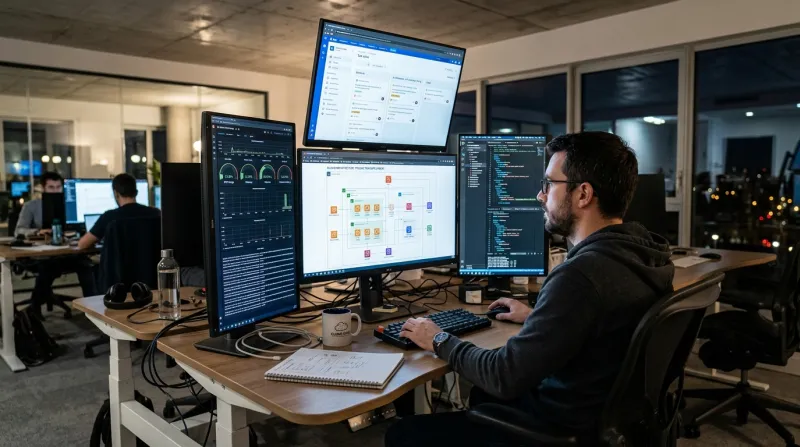 Une photo d'un ingénieur informatique travaillant sur des schémas d'architecture cloud et des donnée