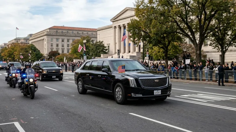 Cadillac One présidentielle américaine roulant sur une avenue.
