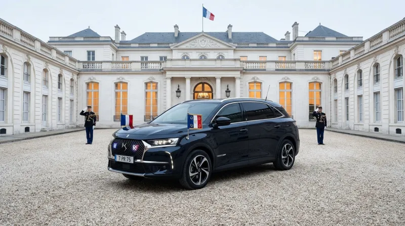 La voiture présidentielle DS 7 Élysée stationnée à l'Élysée.