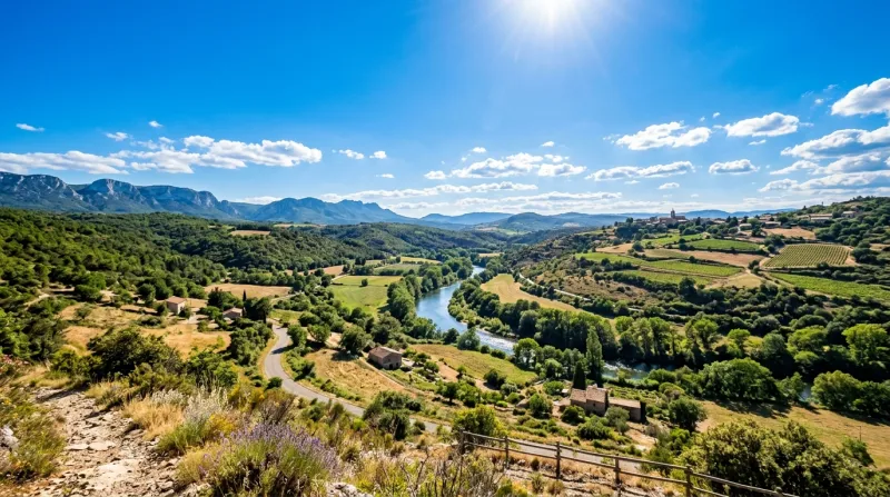Paysage de la vallée de l'Aude sous un soleil d'été éclatant.