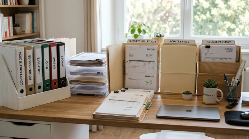 Dossiers administratifs et factures triés sur un bureau lumineux.