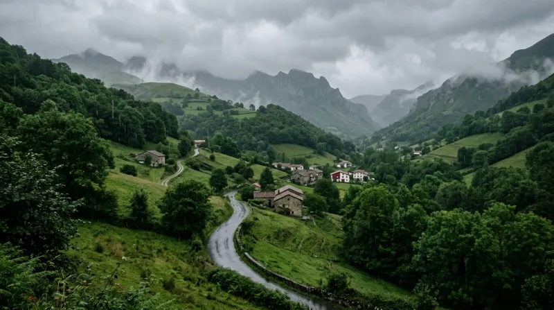Paysage verdoyant des Pyrénées-Atlantiques sous la pluie.