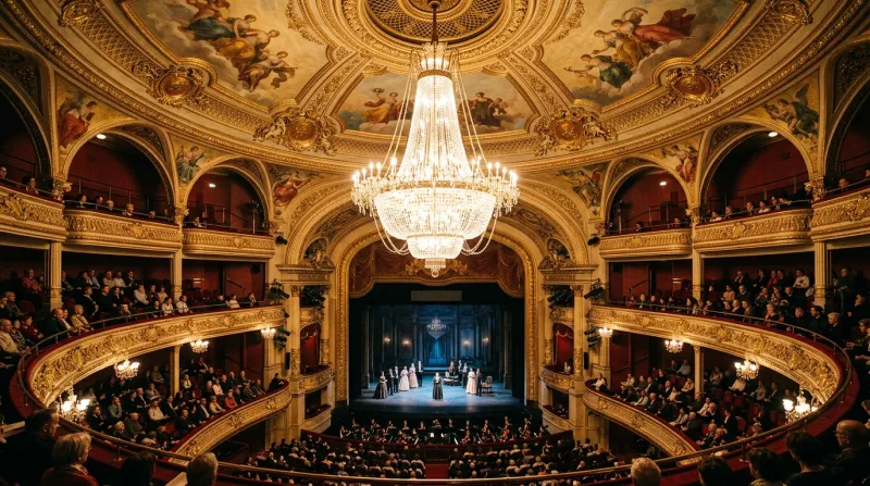 Salle à l'italienne du Grand Théâtre de Reims avec son grand lustre illuminé.