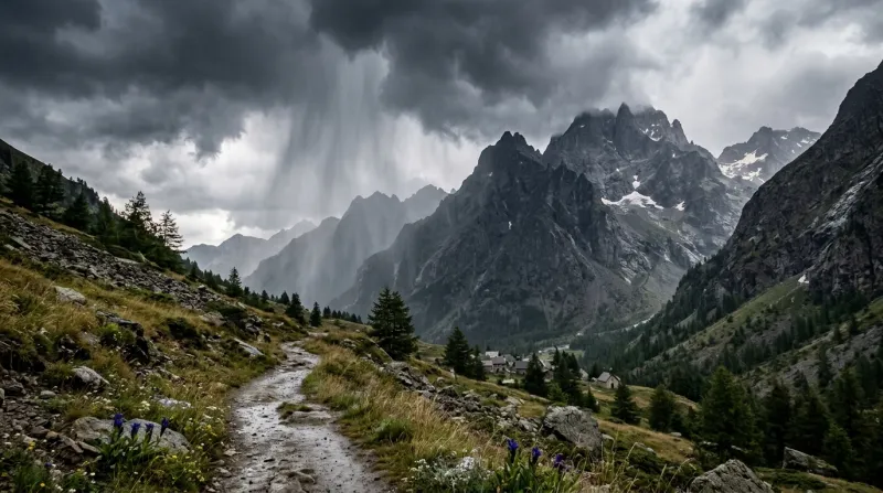 Une photo d'un paysage de montagne des Hautes-Alpes sous un ciel orageux avec des averses de pluie