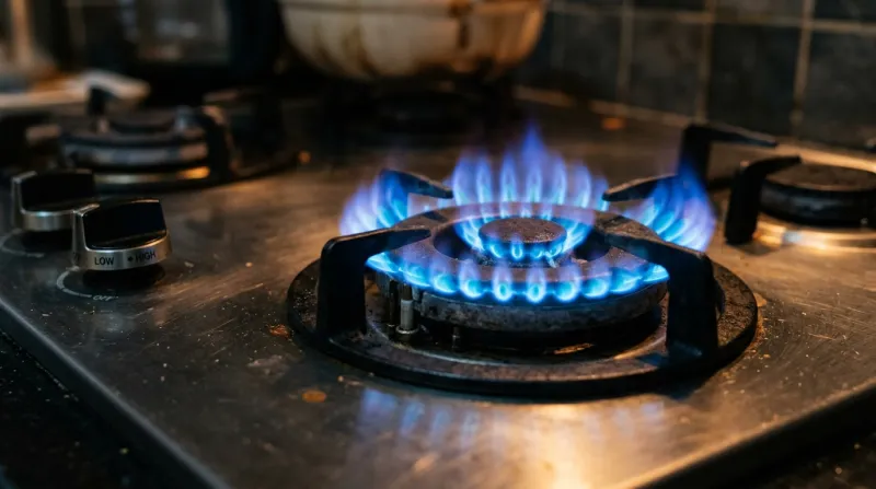 Gros plan d'une flamme bleue sur un brûleur de cuisinière à gaz.