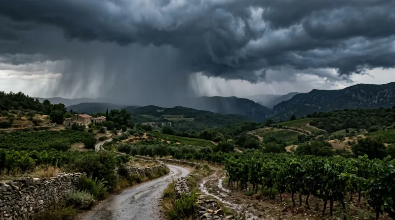 Une photo d'un paysage du Gard sous un ciel d'orage et de pluie