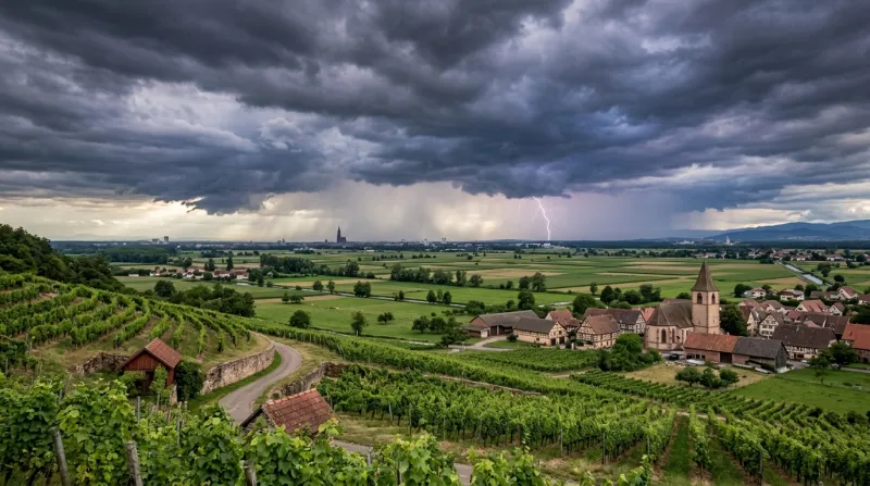 Une photo d'un paysage de la plaine d'Alsace dans le Bas-Rhin sous un ciel orageux