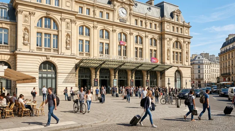 Façade lumineuse de la gare Paris-Saint-Lazare animée de voyageurs