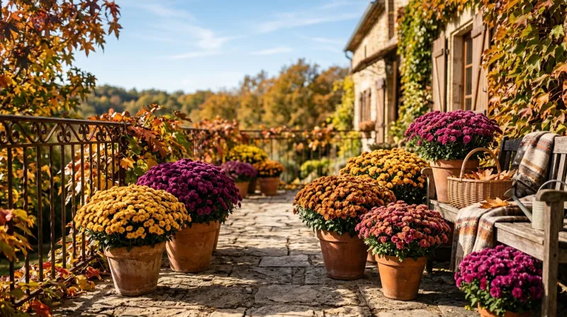 Pots de chrysanthèmes colorés sur une terrasse ensoleillée en automne.