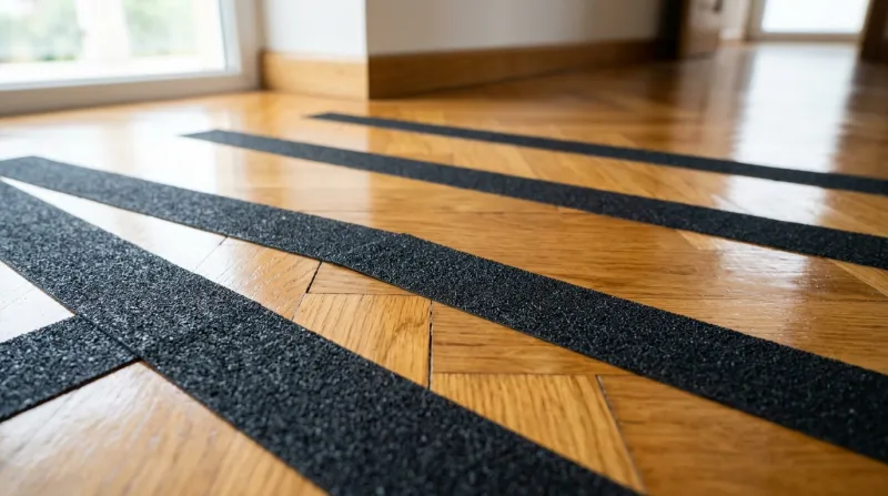 Bandes antidérapantes posées sur un sol en parquet vitrifié clair.