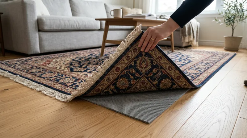 Un tapis soulevé révèle une sous-couche antidérapante sur un parquet clair.