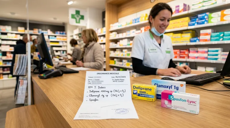 Boîtes de médicaments et ordonnance sur un comptoir de pharmacie.