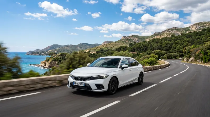 Honda Civic moderne roulant sur une route ensoleillée.