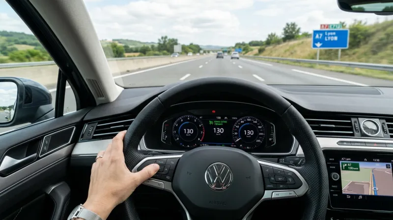 Intérieur de voiture moderne avec régulateur de vitesse sur le volant.
