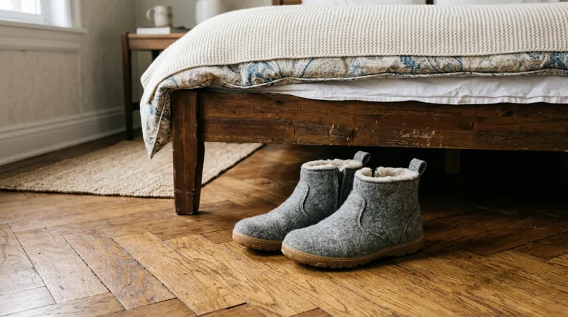 Chaussons montants posés sur un parquet près d'un lit.