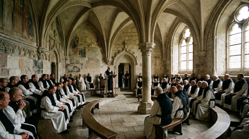 Moines en assemblée dans la salle capitulaire d'une abbaye.