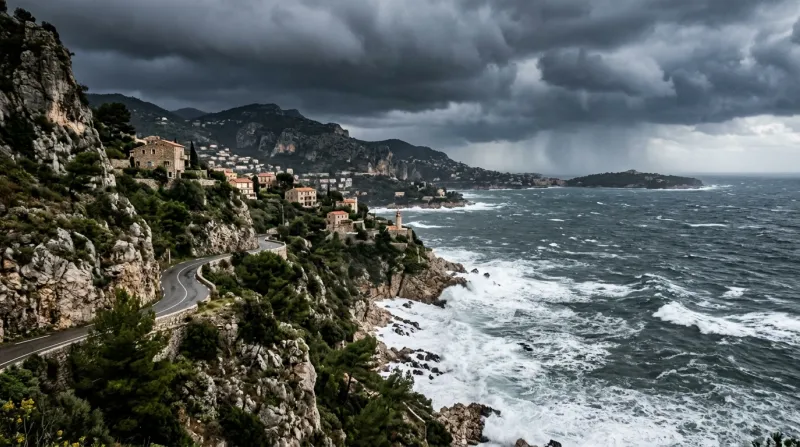 Une photo d'un paysage côtier des Alpes-Maritimes sous un ciel orageux et une mer agitée