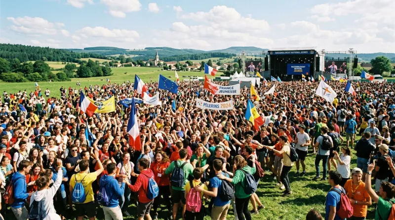 Jeunes pèlerins joyeux rassemblés sur une vaste plaine verdoyante.