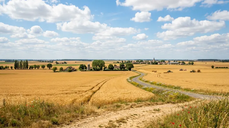 Vaste plaine de Beauce dorée sous un soleil d'été éclatant.