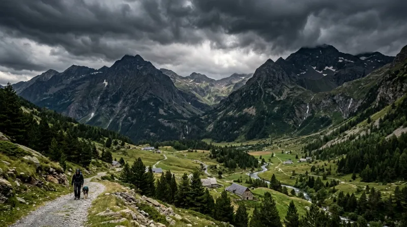 Paysage des Hautes-Pyrénées sous un ciel d'orage menaçant.