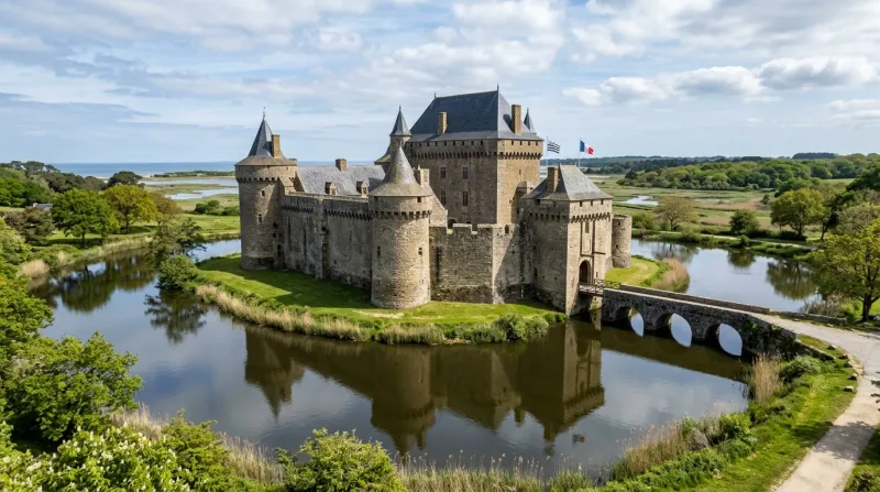 Le château médiéval de Suscinio et ses douves en Bretagne.