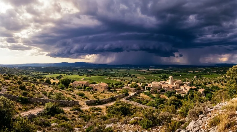 Une photo d'un paysage typique du Gard sous un ciel d'orage estival avec des nuages pluvieux à l'hor