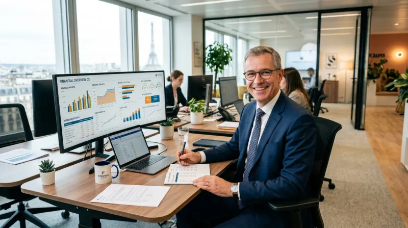 Une photo d'un directeur administratif et financier souriant travaillant dans un bureau moderne avec